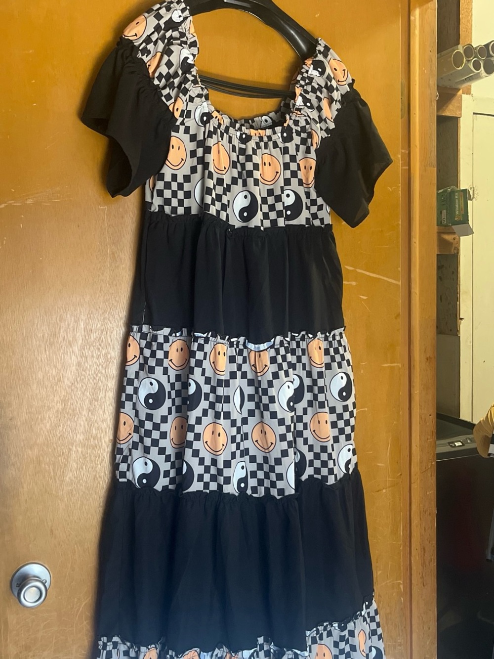 Dressed in LALA Black & Checkerboard Yin Yang Smiley Tiered Dress